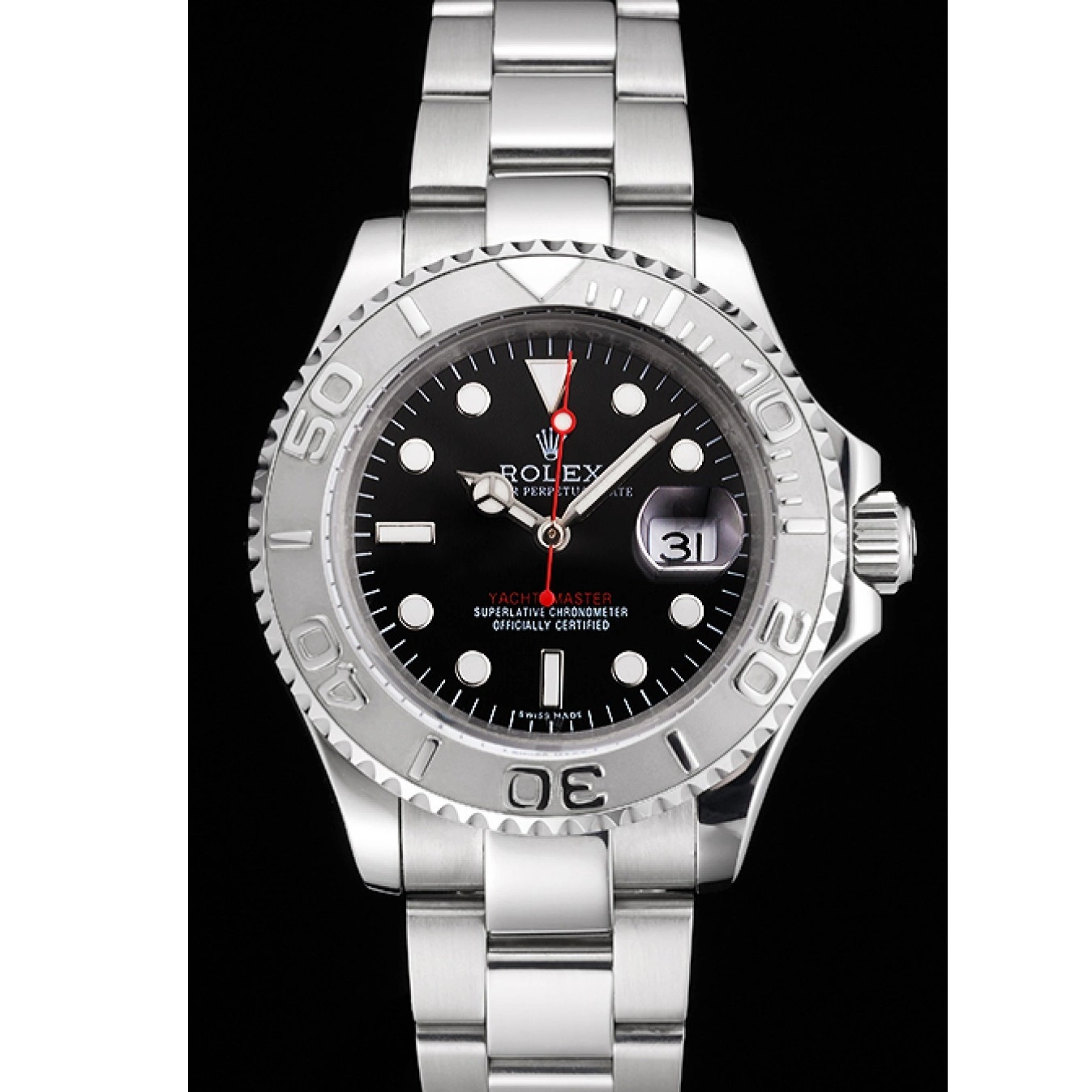 Aaa replica watch Stainless Swiss Rolex Dial Yacht-Master And Case Black Bracelet Steel 0815